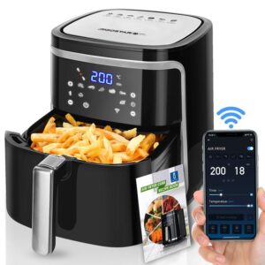 Фритюрник с горещ въздух без мазнина XXL 7 л, 1900 W, интелигентен. Wi-Fi свързаност. Сензорен LED дисплей, 7 предварително зададени функции. Без BPA.  ПОДАРЪК: Електрическа кана 1,7 л.